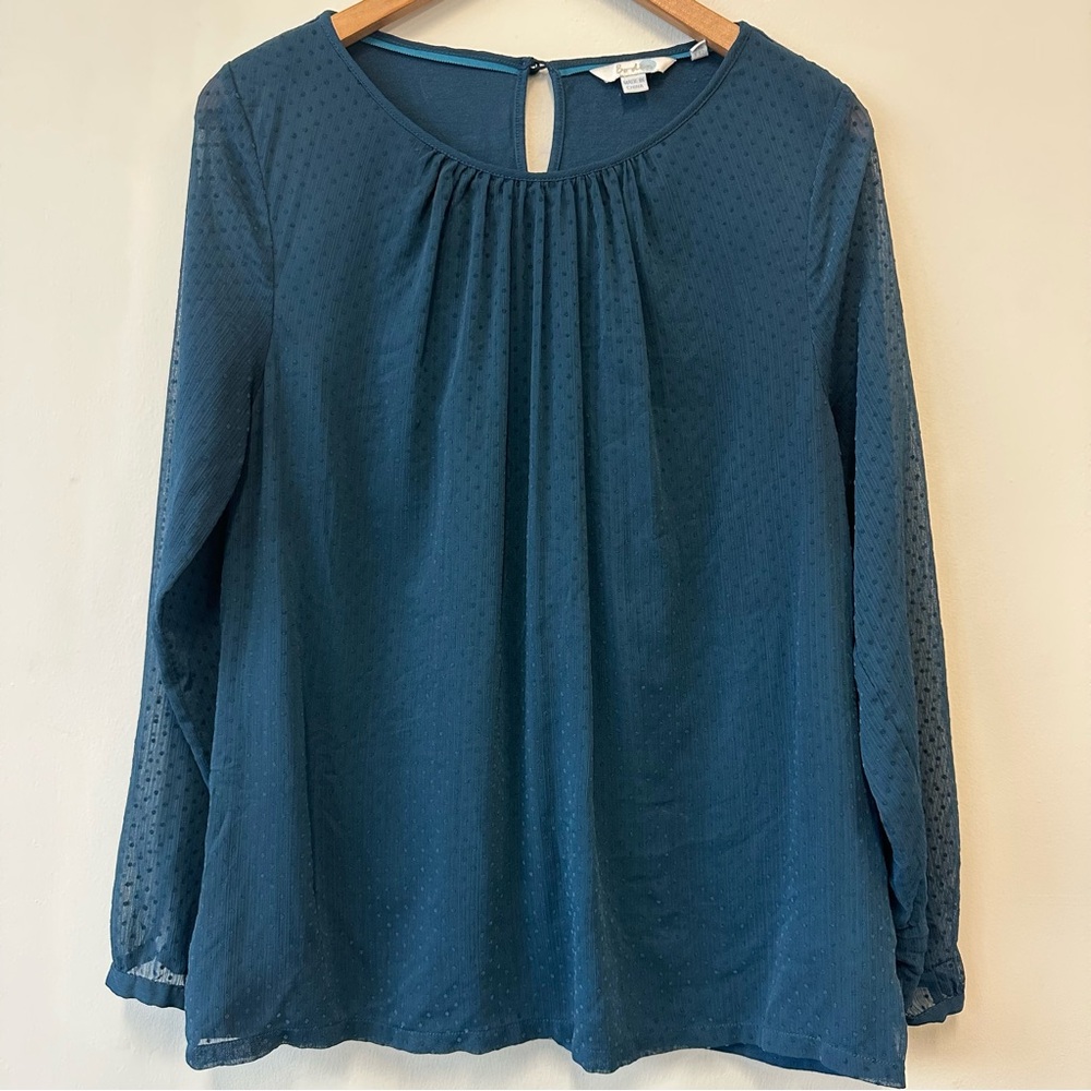 Boden Teal Long Sleeve Sheer Dot Blouse